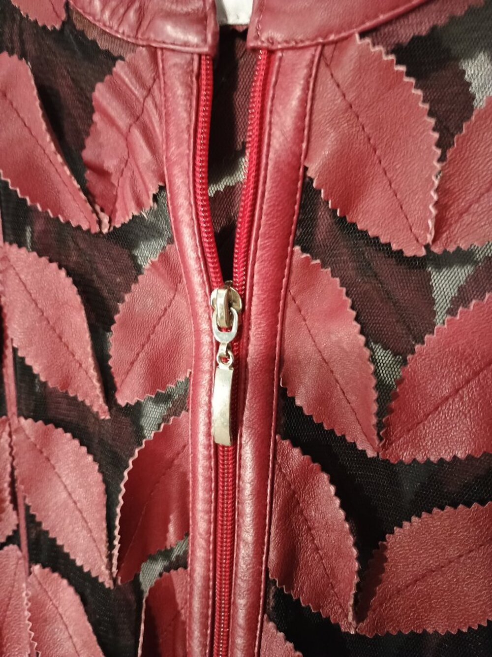Orika Leather Burgundy Leaf Appliqué Mesh Zip Jacket Vintage Statement Top - Picture 5 of 7